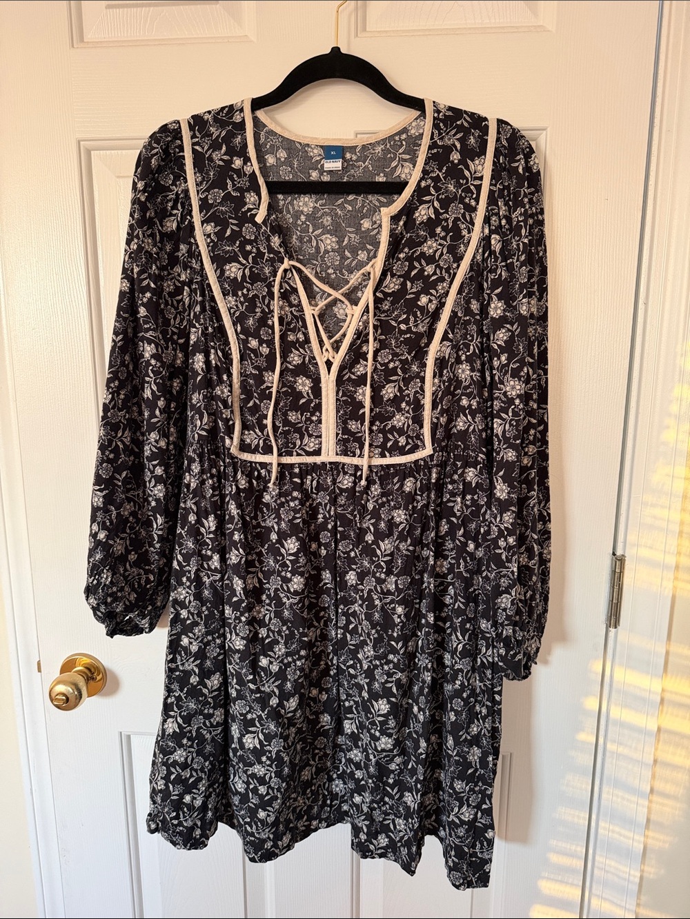 Old Navy Black Floral Midi Dress with Cream Trim and Lace-up Neck